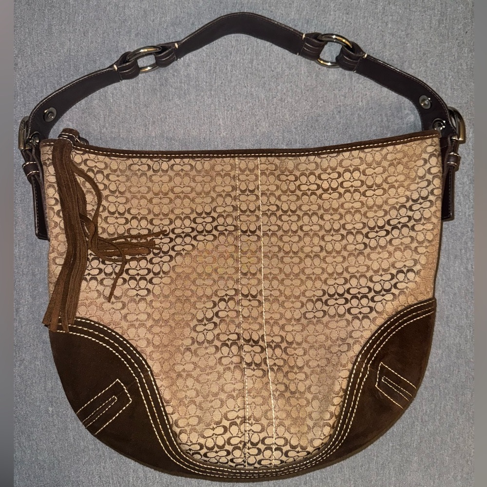 🐻Coach Signature Jacquard Fabric Leather Shoulder Bag in Brown🤎
